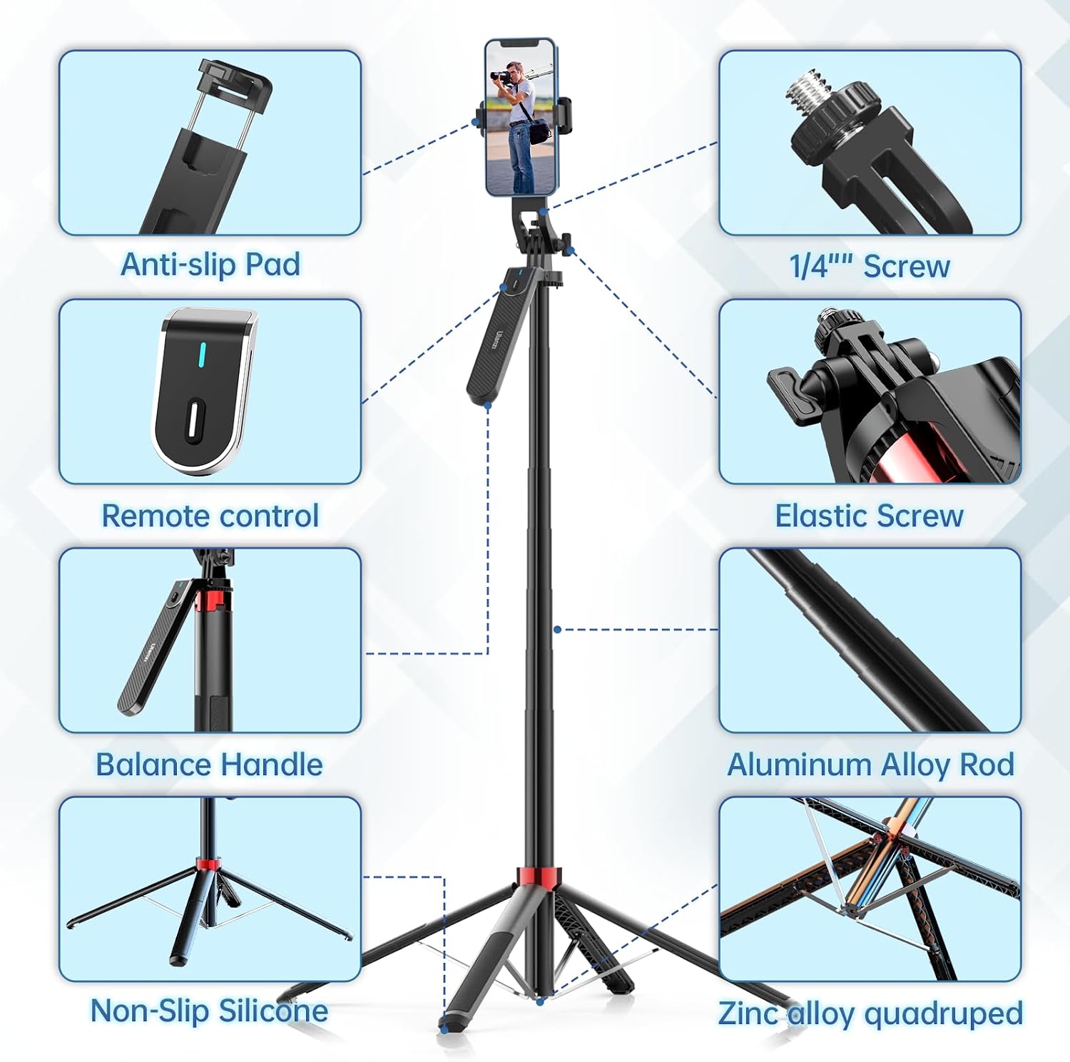 Detalle 2 de ULANZI MA09 Phone Tripod, 71-Inch Selfie Stick with Rechargeable Remote
