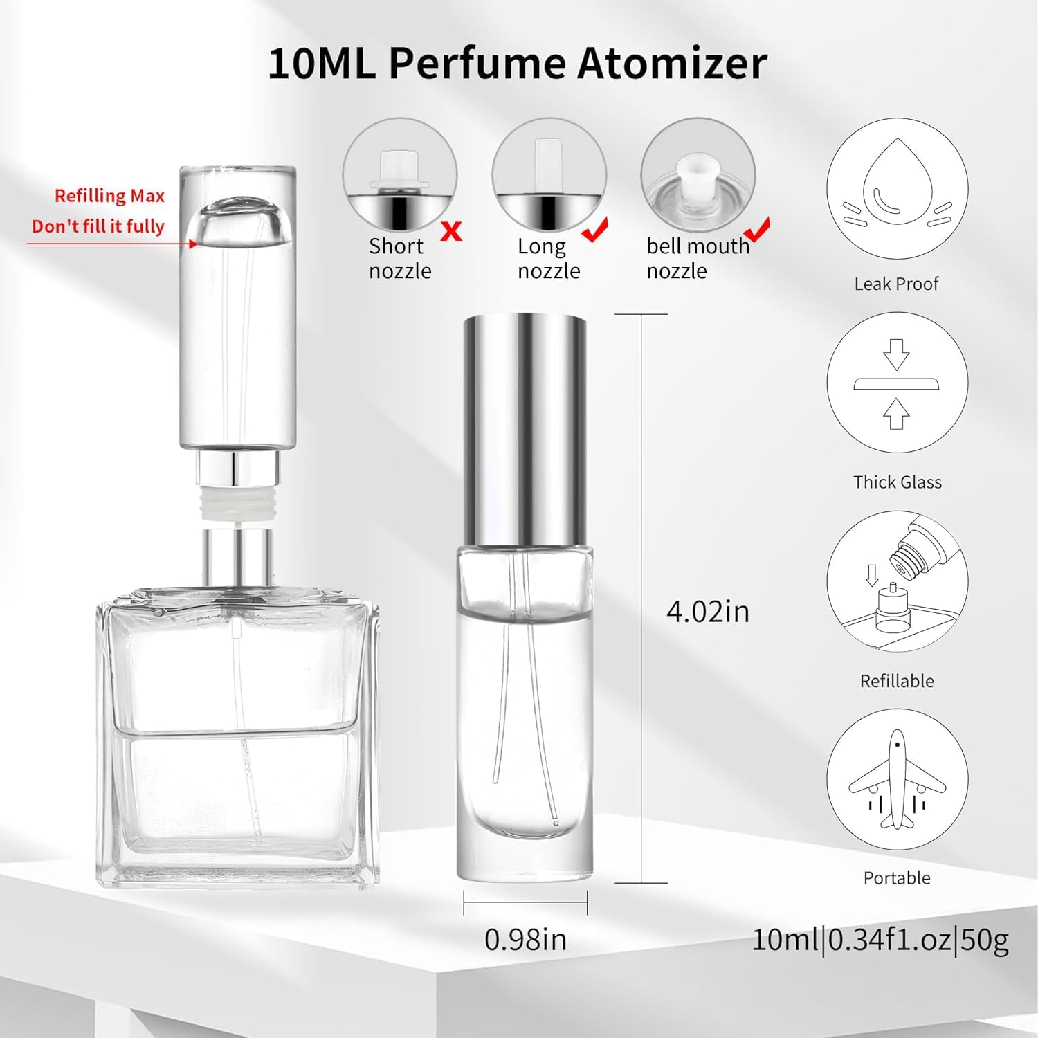 Detalle de MUB 10ml Perfume Atomiser: Top-Filling, Leak-Proof Glass Travel Bottle