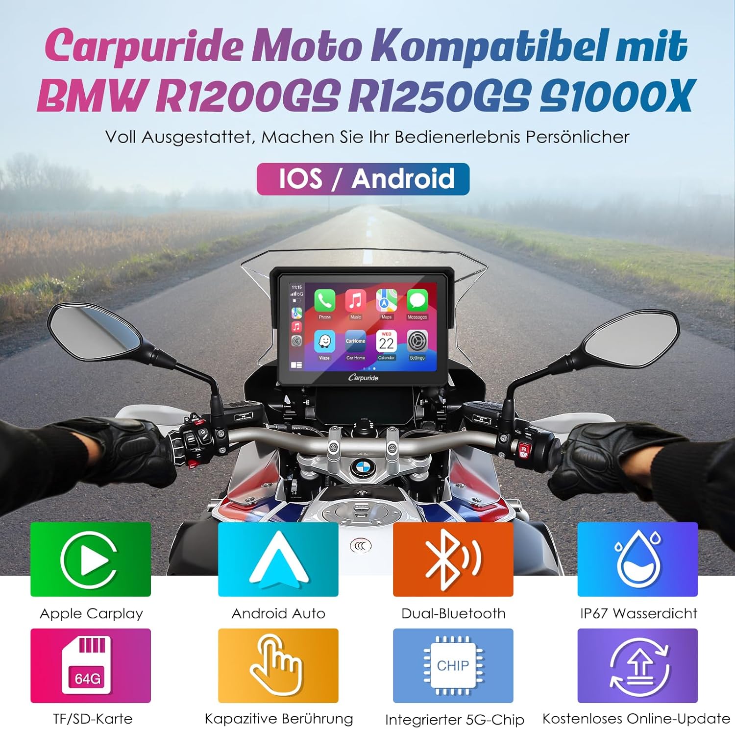 Detalle de Carpuride W502B Motorrad-Carplay-Bildschirm für BMW Motorräder – kabelloses CarPlay/Android Auto, 5 Zoll, IP67