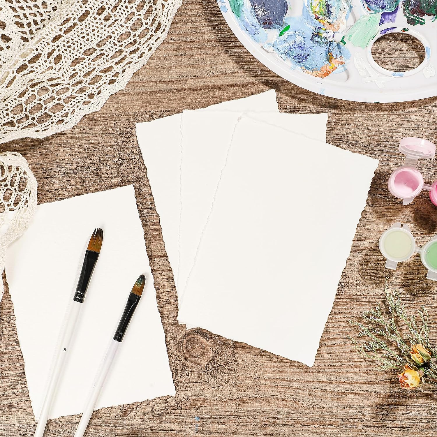 Detalle de Prudiut 25 Sheets Cotton Watercolor Paper (300 GSM), 4 x 6 in, White, Textured, Deckled Edge