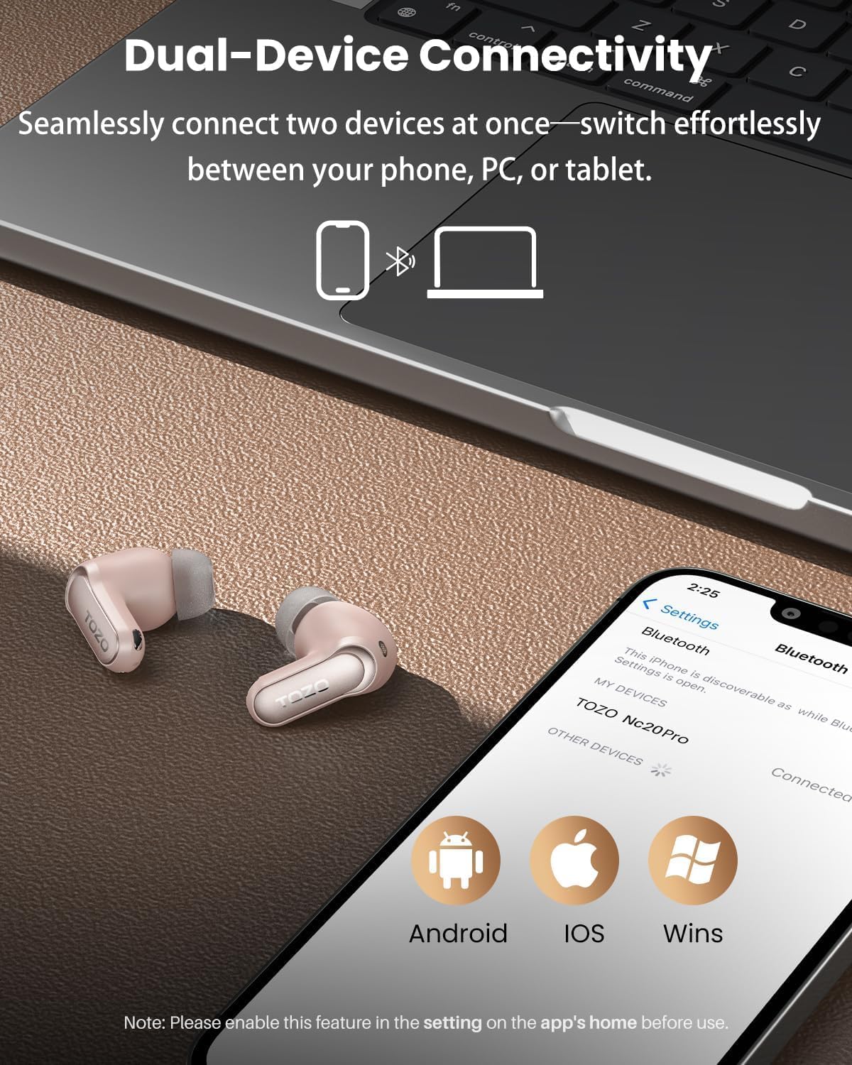 Detalle 2 de TOZO NC20 Pro kabellose Bluetooth-Kopfhörer (LDAC, adaptives ANC, Smart-Touchscreen, IPX8) in Roségold
