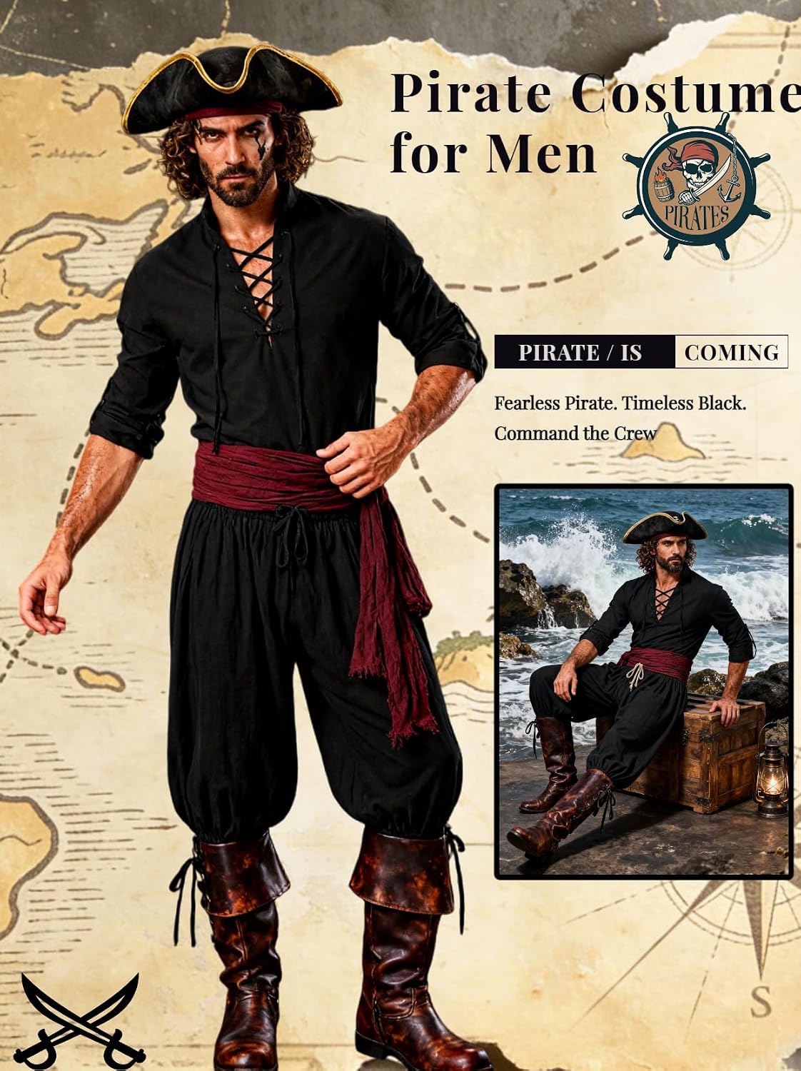 Detalle de Men's Pirate Renaissance Costume, 8-Piece Set with Lace-Up Shirt and Sash