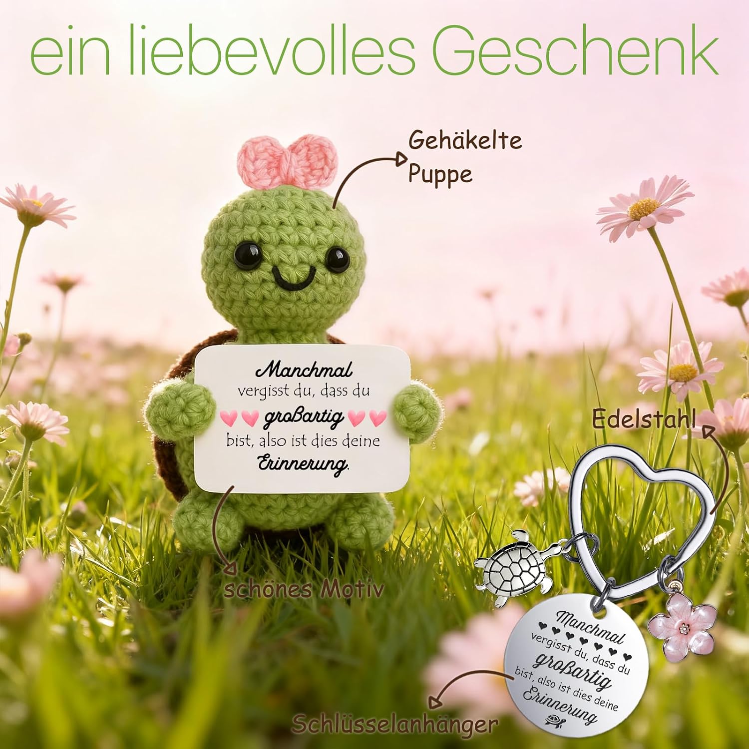 Detalle de Farbeele Mutmacher-Geschenke: Positive Schildkröte mit Glücksbringer Schlüsselanhänger