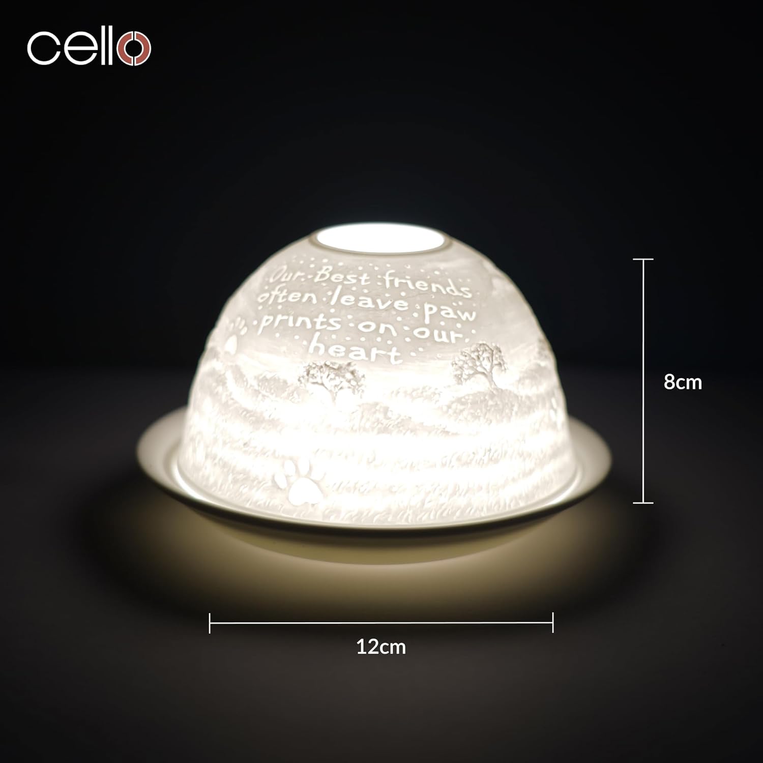 Thumbnail 2 de Cello Porcelain Tealight Holder Dome with Pawprint 3D Projection & Message Lithophane (Dog Lovers Gift)