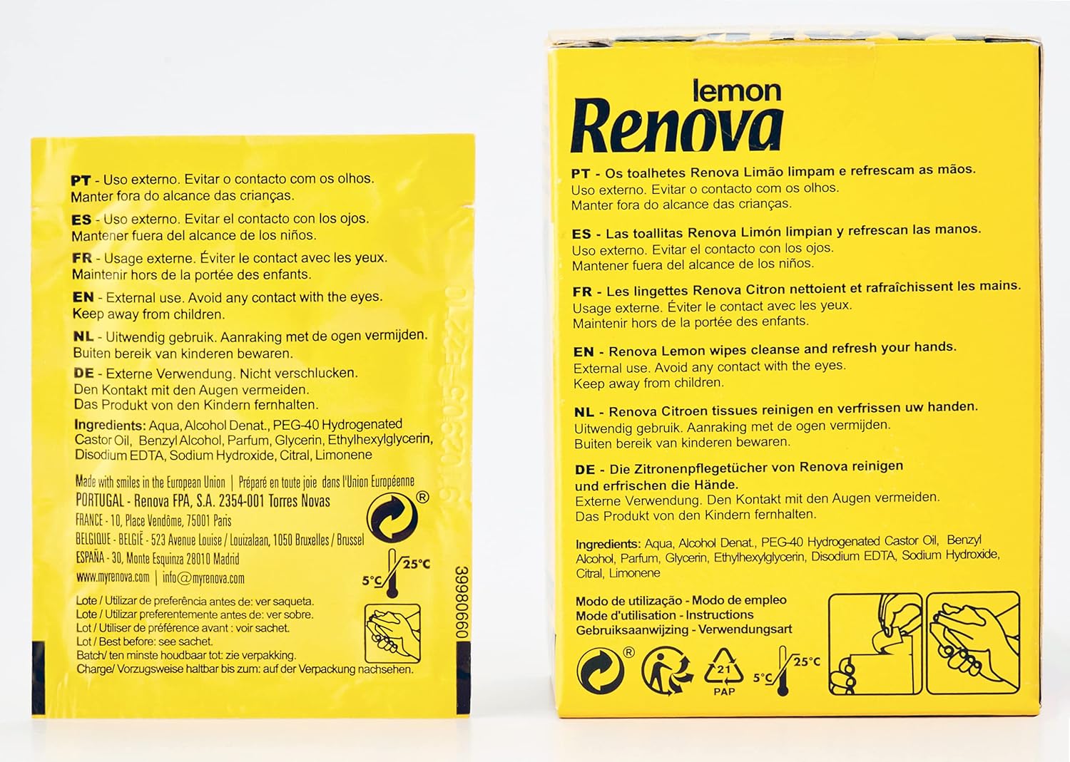 Detalle 2 de Renova Toallitas Limón Refrescantes, Pack con 20 unidades 🍋