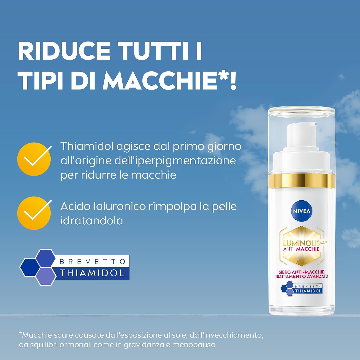 Detalle de NIVEA Luminous630 Skin Solution Kit skincare viso: siero anti-macchie, fluido UV SPF 50 e crema notte rigenerante