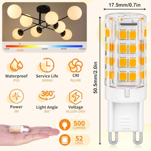 Detalle de YIIFELL Bombilla LED G9 5W 3000K (Pack de 8): luz cálida, 360° y sin parpadeo