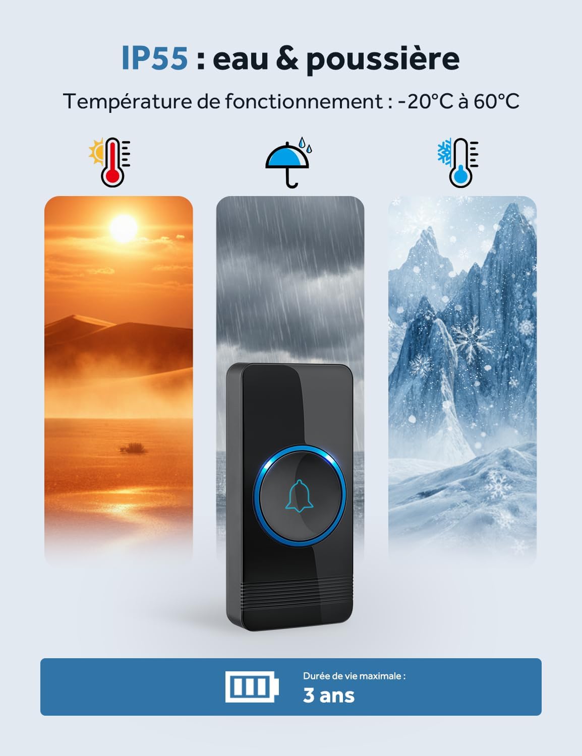 Detalle de AVANTEK Sonnette sans Fil avec Bouton – Carillon étanche IP55, 400 m, 52 mélodies, 5 niveaux de volume