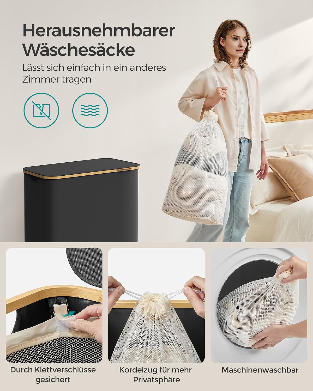 Detalle 1 de SONGMICS Wäschekorb 150 L mit Deckel