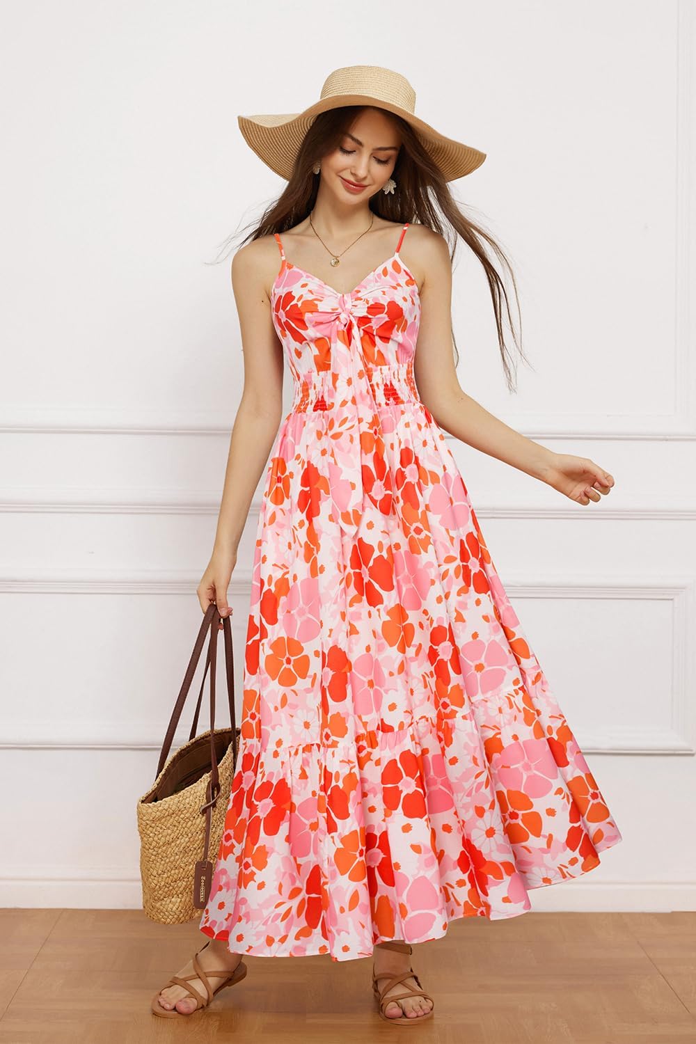 Detalle de GRACE KARIN Women's Summer Floral Maxi Dress - Boho Chiffon-Feel Flow, Adjustable Tie, Pockets