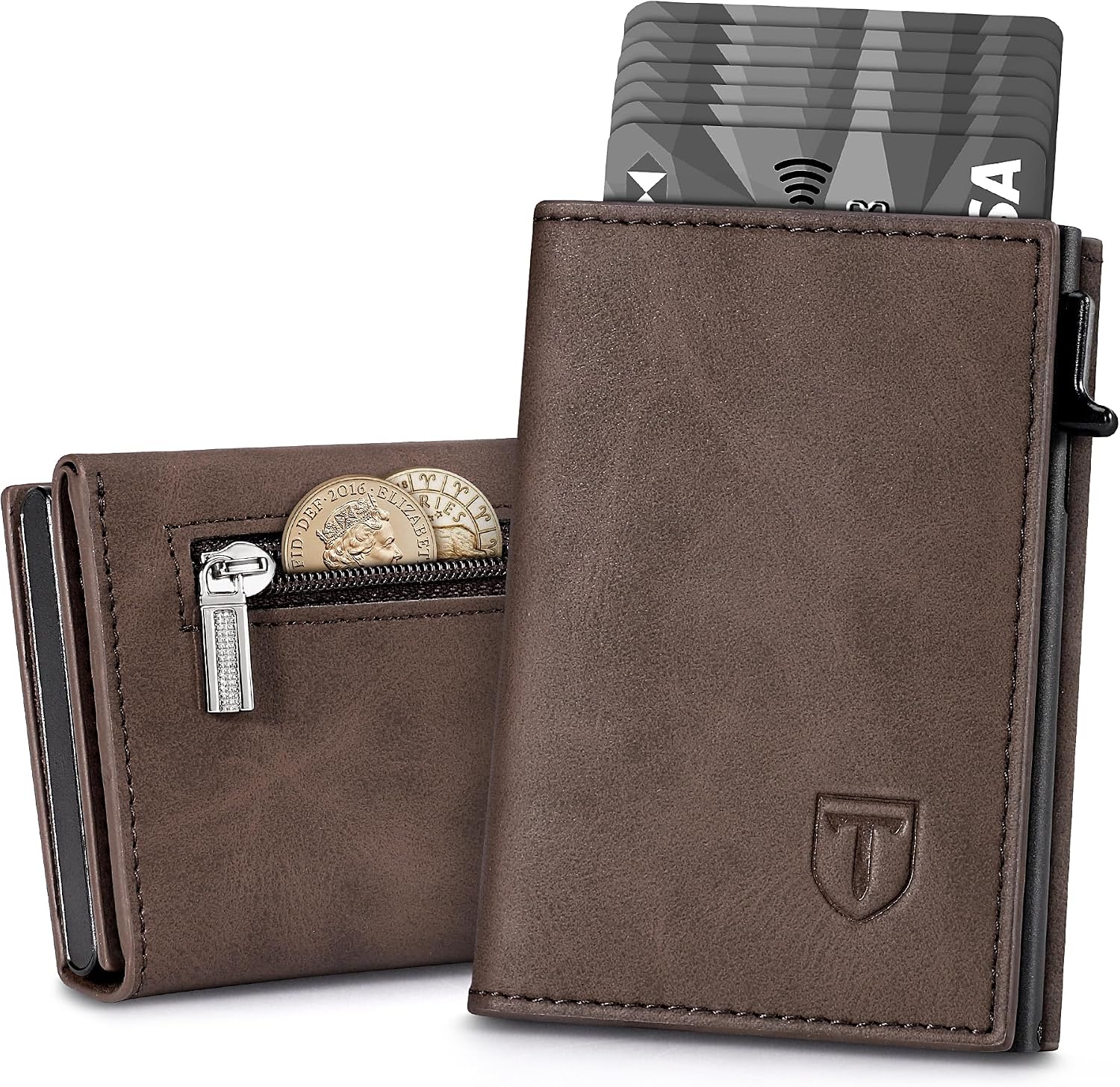 Detalle de Tomylv Geldbörse Herren – Slim Wallet RFID Schutz aus Leder, Braun