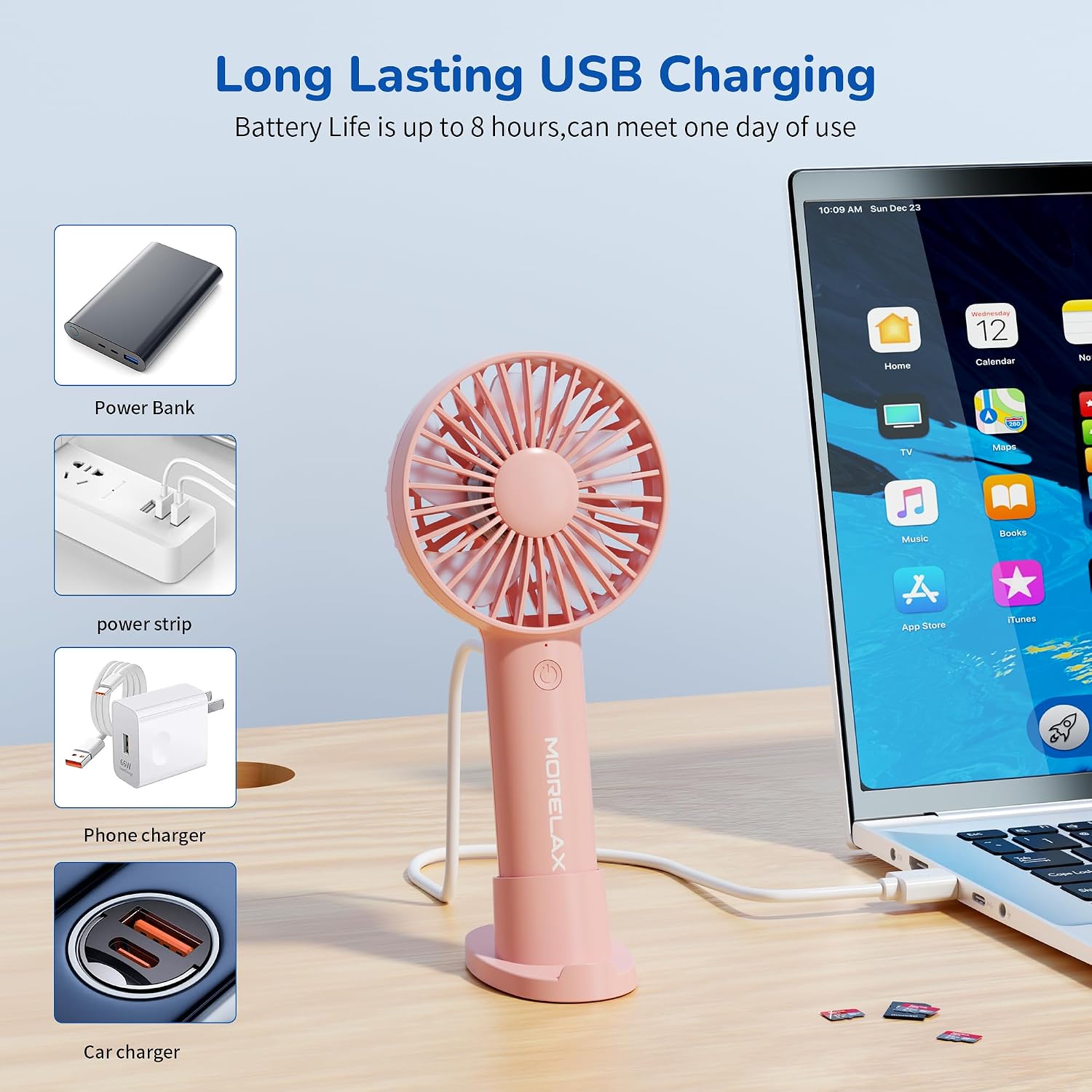 Detalle de Morelax Handheld Fan – USB Rechargeable Mini Portable Fan with Base (Pink)