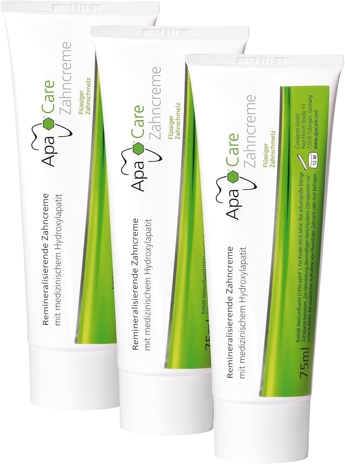 Detalle de ApaCare 3 tubi di dentifricio per smalto – 3x75 ml, con idrossiapatite attiva e fluoro, per denti sensibili (vegano)