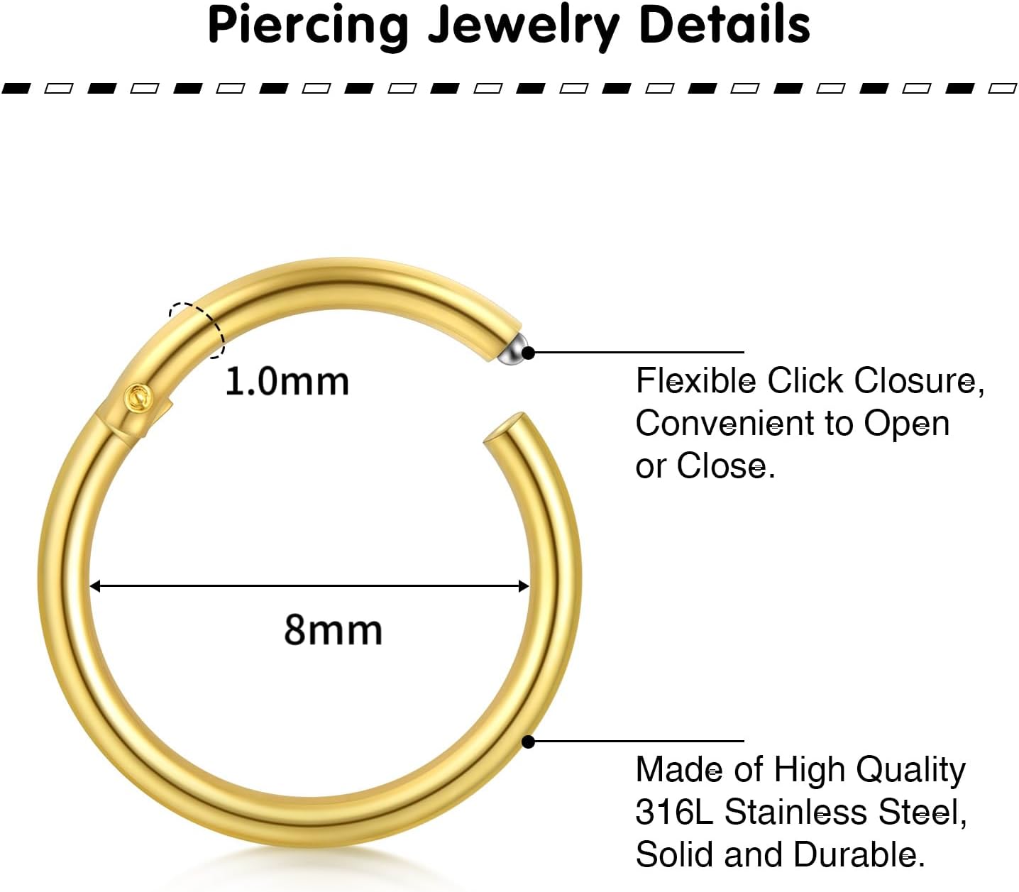 Detalle 2 de Briana Williams 2-pack hinged clicker segment nose rings (316L surgical steel) for septum, helix, daith & tragus