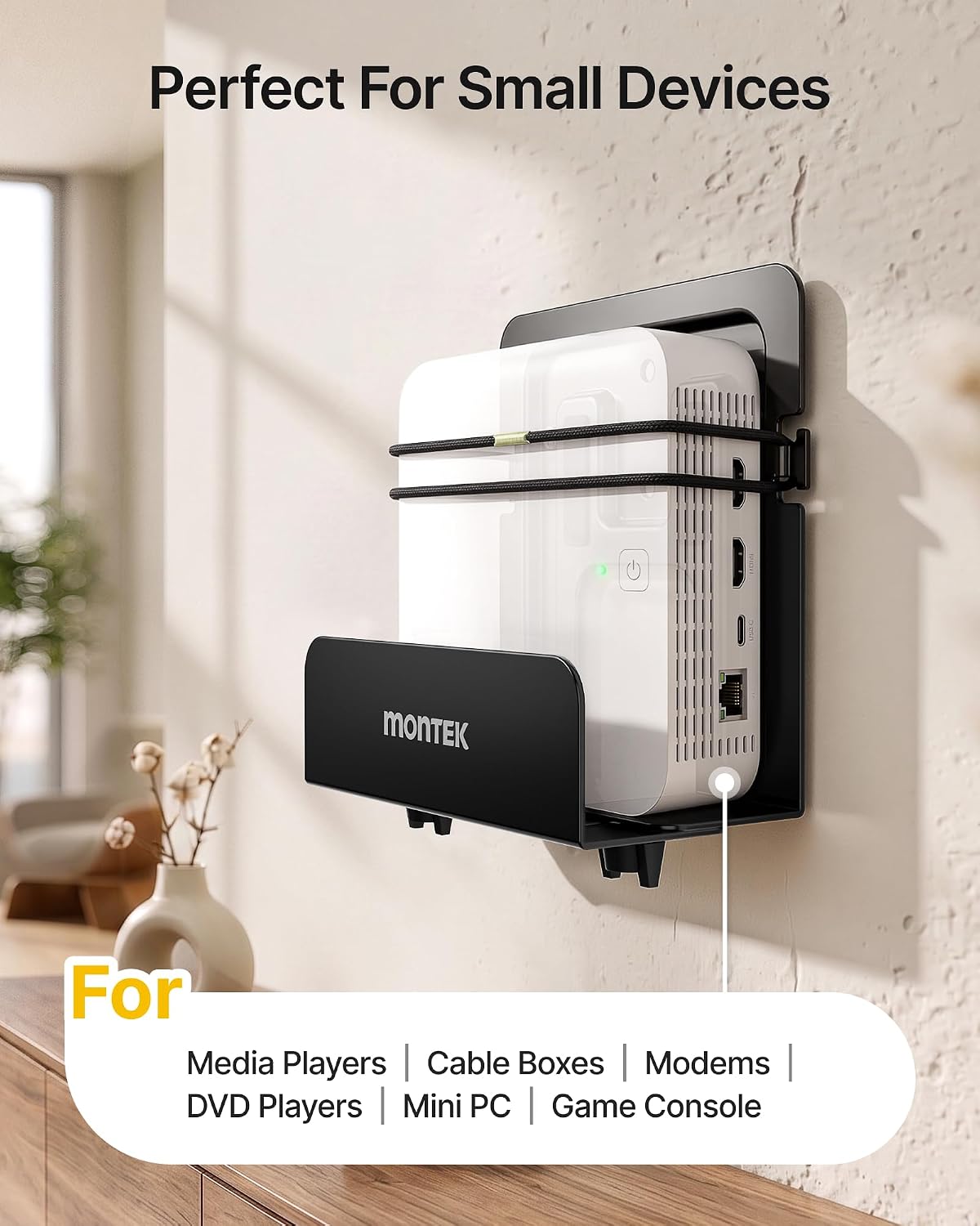 Detalle de monTEK Adjustable Cable Box Wall Mount: Wide, Supports Up to 11 LBS