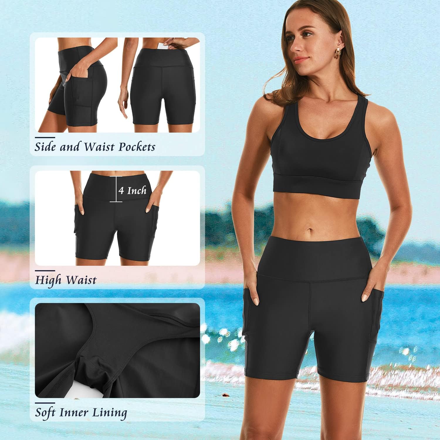 Detalle de HODOSPORTS Women's Swim Board Shorts with Pockets, UPF50+ High Waisted Bottoms
