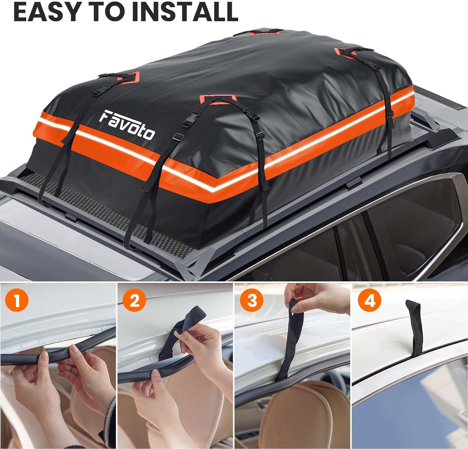 Detalle 2 de Favoto Box da Tetto Auto 425L: borsa impermeabile pieghevole con tappetino antiscivolo e kit fissaggio