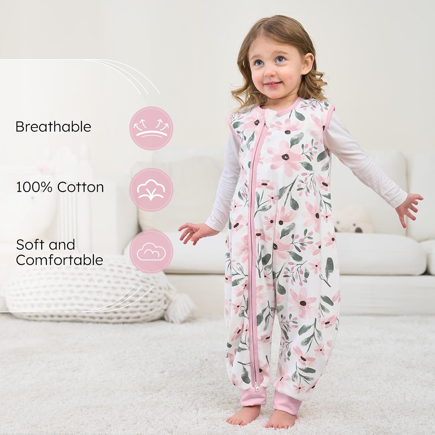 Detalle de Yoofoss 2er Pack Baby Schlafsack mit Füßen 0.5 Tog – 100% Baumwolle, Größe 70 cm, rosa Blume