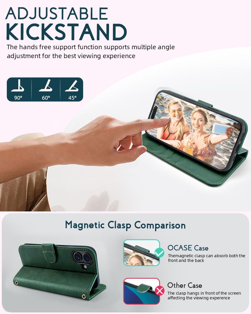 Detalle de OCASE Hülle für iPhone 16 Plus mit Handykette – Lederoptik, Crossbody-Design und RFID-Schutz