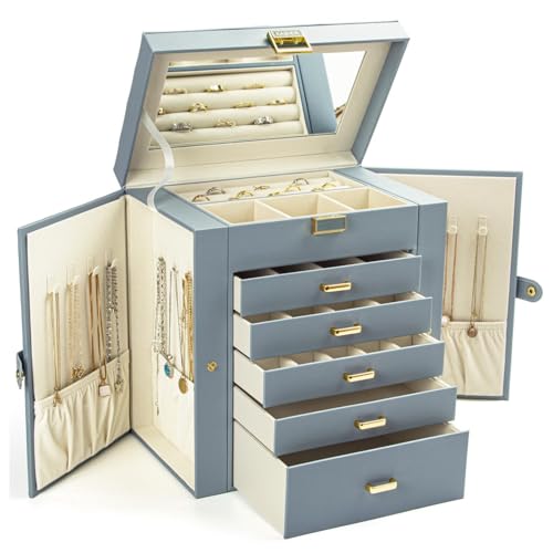 Detalle de KAMIER Boîte à bijoux pour femme – grande boîte de rangement à 6 couches avec miroir et 5 tiroirs, bleu-gris