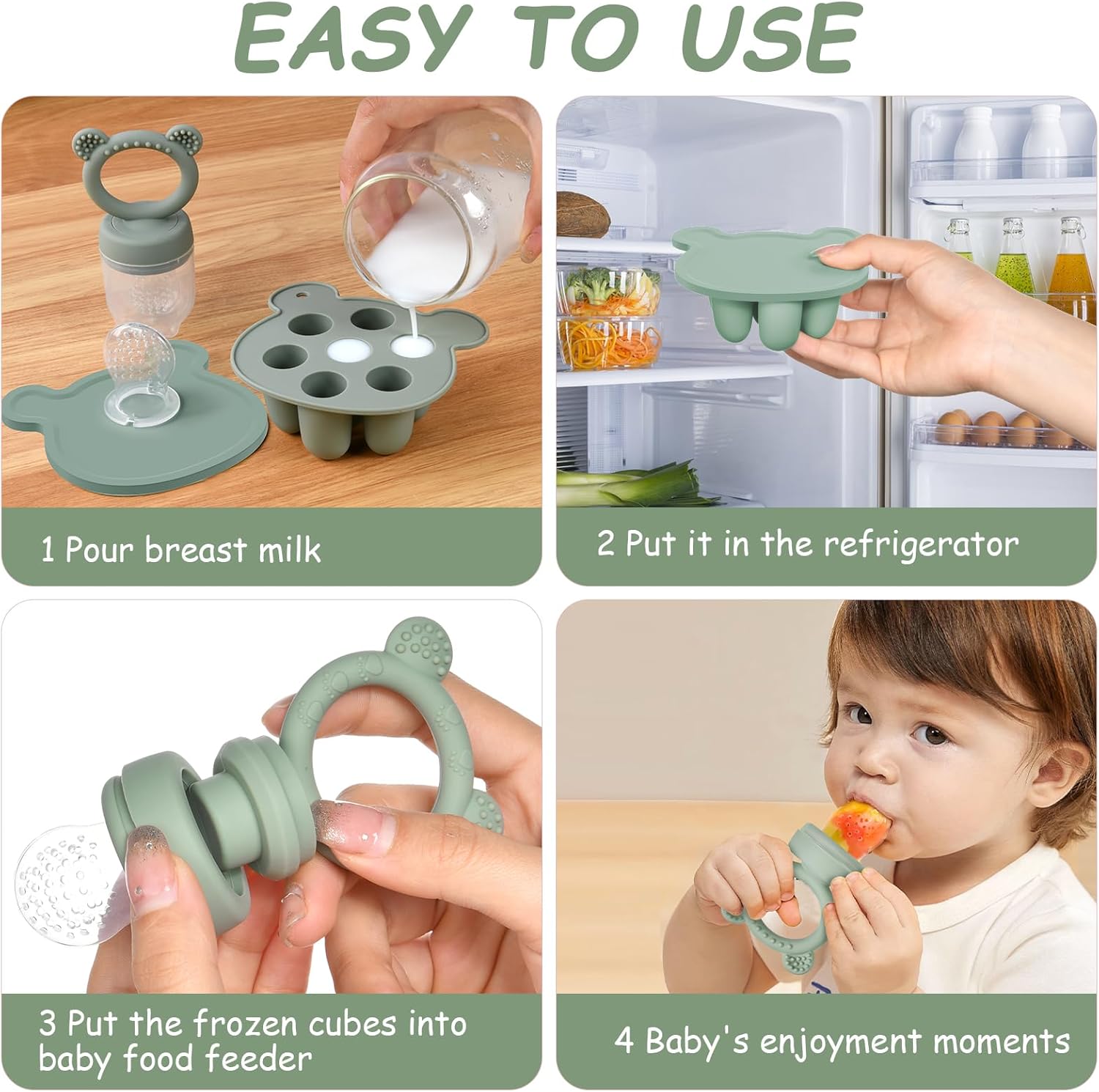Thumbnail 2 de Aolso Fruit Food Feeder Set – Silicone Baby Feeder, Popsicle Tray & Storage (Green)