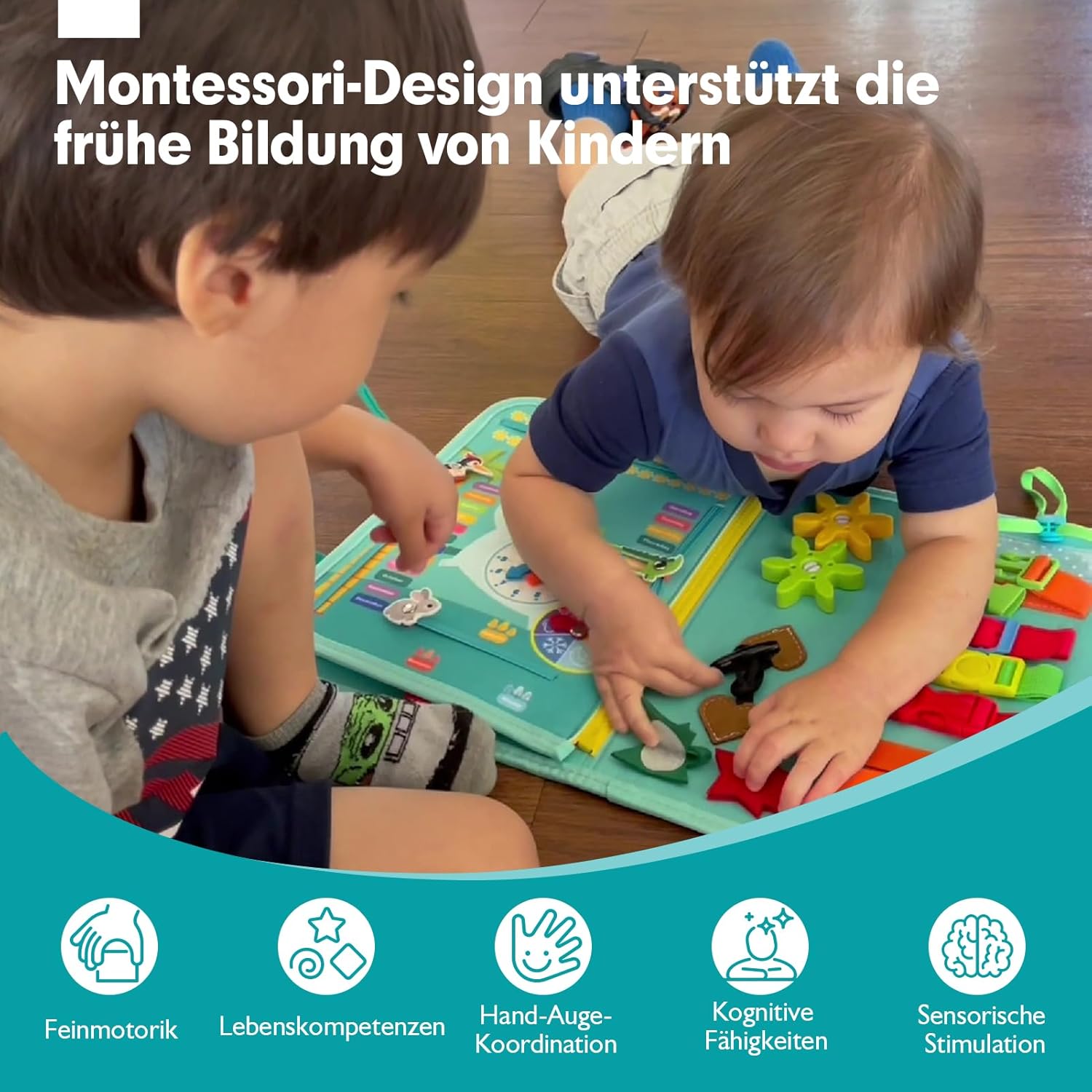 Detalle 1 de Hahaland Montessori Busy Board – Activity Board mit 15 Aktivitäten