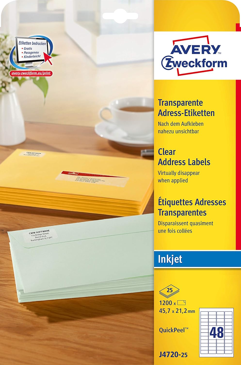Detalle de AVERY Zweckform J4720-25 Adressetiketten (1.200 Stück, transparent, 45,7 × 21,2 mm auf A4)