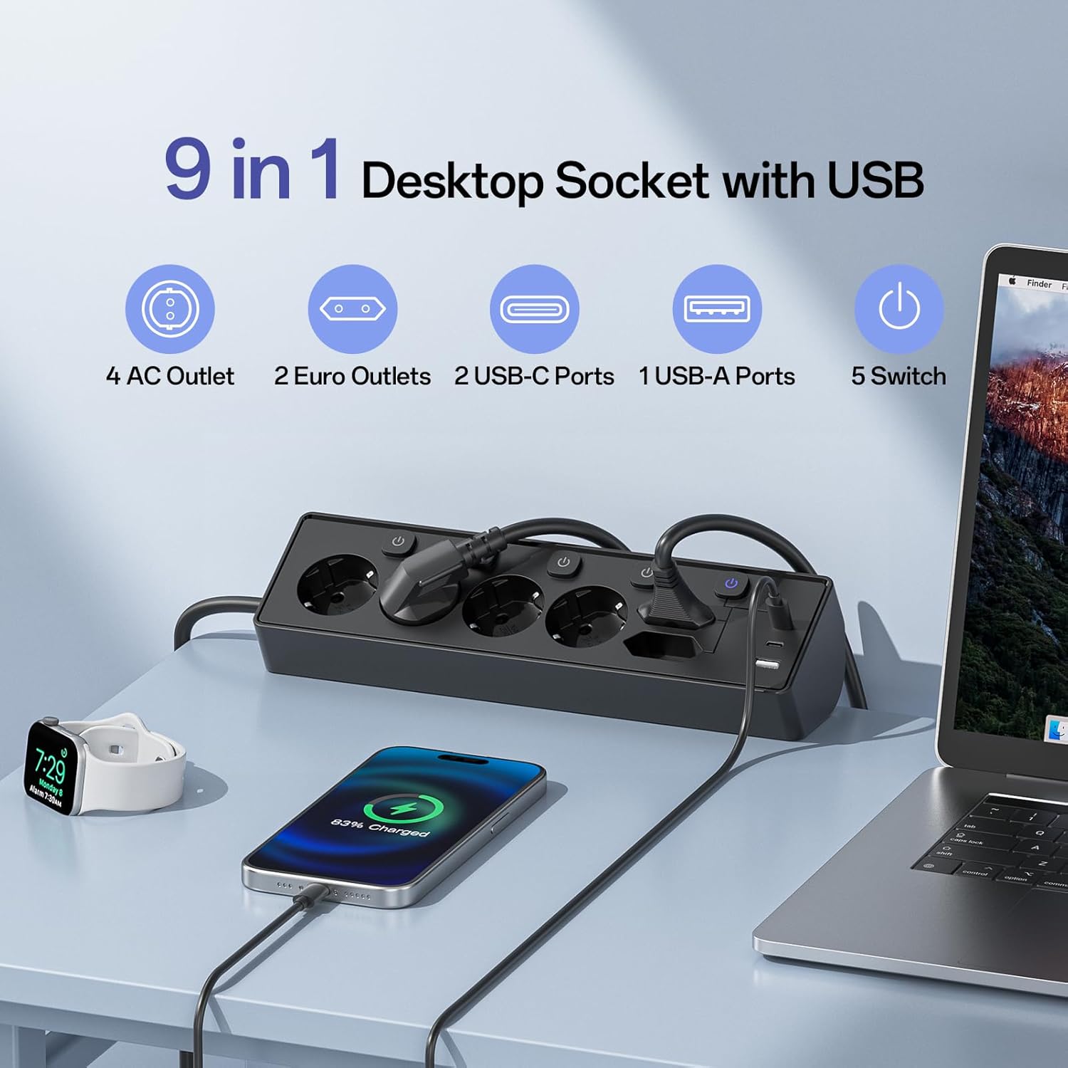 Detalle de Ciabatta Multipresa con USB 9 in 1: 6 prese, 3 USB e protezione sovratensione