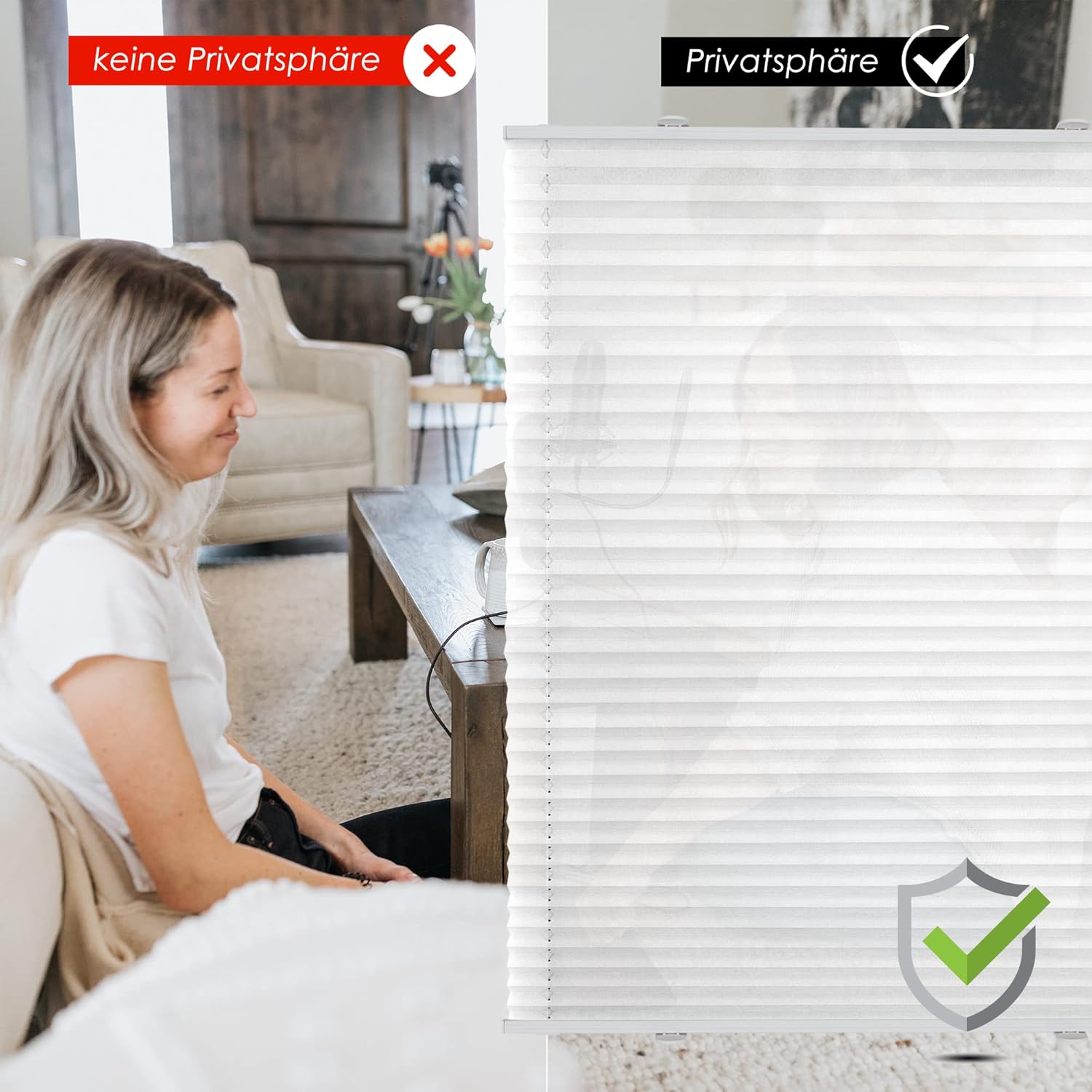 Thumbnail 3 de bobodeco Klemmfix Plissee ohne Bohren „Faltrollo“ Sichtschutz & Sonnenschutz (35x100 cm, Weiß)