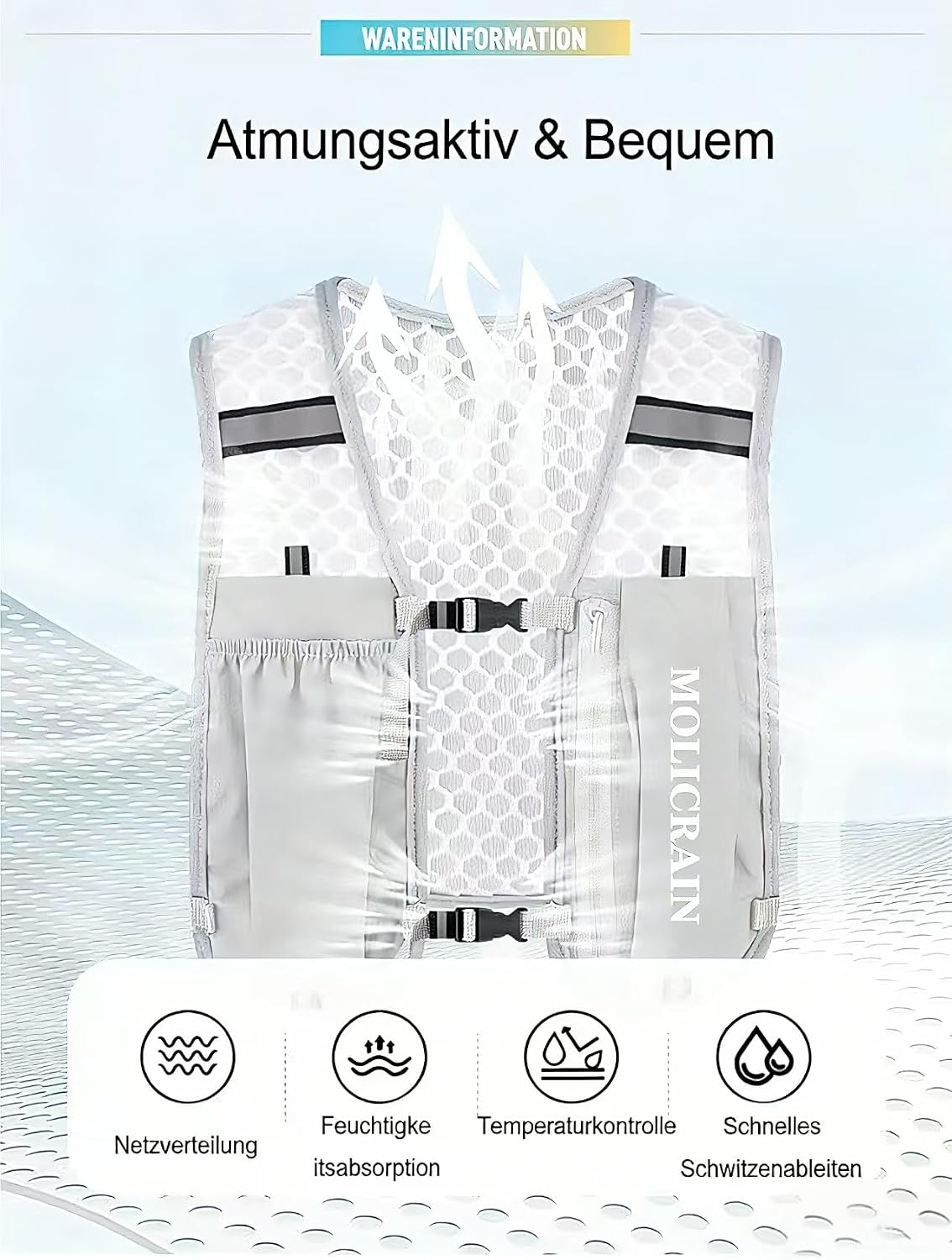 Detalle de MOLICRAIN Verstellbare Laufweste — Leichter 5-Liter-Trinkrucksack mit reflektierenden Streifen