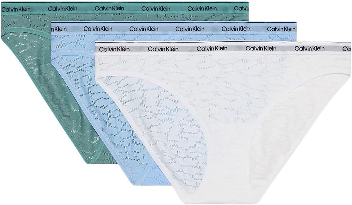 Detalle de Calvin Klein Women’s 3 Pack Low Rise Bikini Briefs in leopard print stretch lace