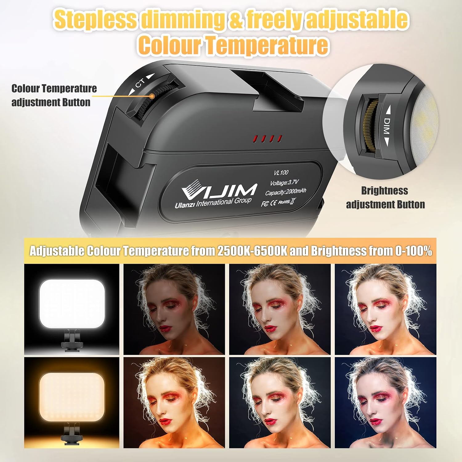 Detalle 2 de ULANZI VL100C LED-Videoleuchte mit 2000-mAh-Akku, CRI95+ und dimmbar (2500K–6500K)