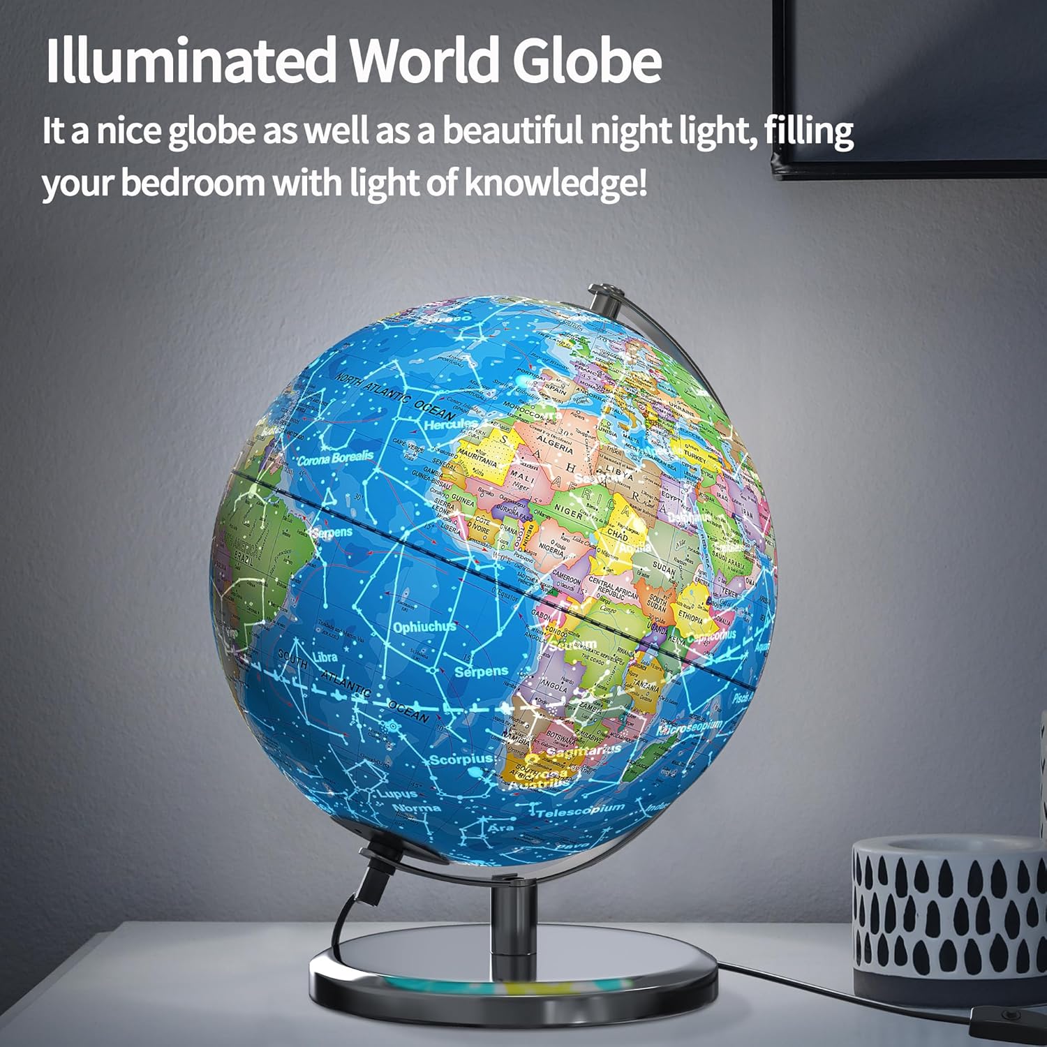 Thumbnail 1 de Waldauge Illuminated World Globe with Stand – 9" HD Map, Stable Metal Base, and LED Night Light