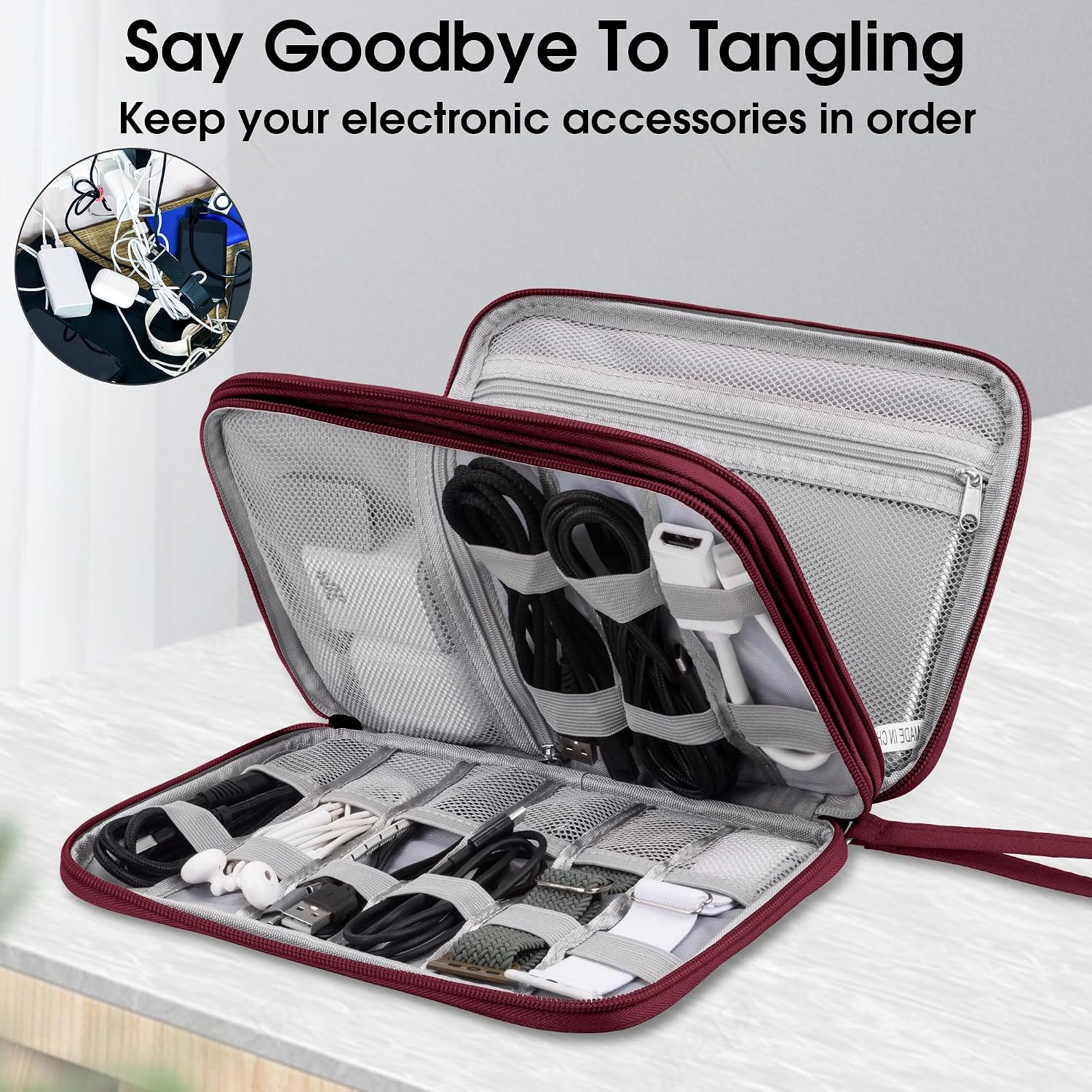 Detalle de Arae Electronic Accessories Organiser travel cable bag (Wine Red, Large) with double-layer storage