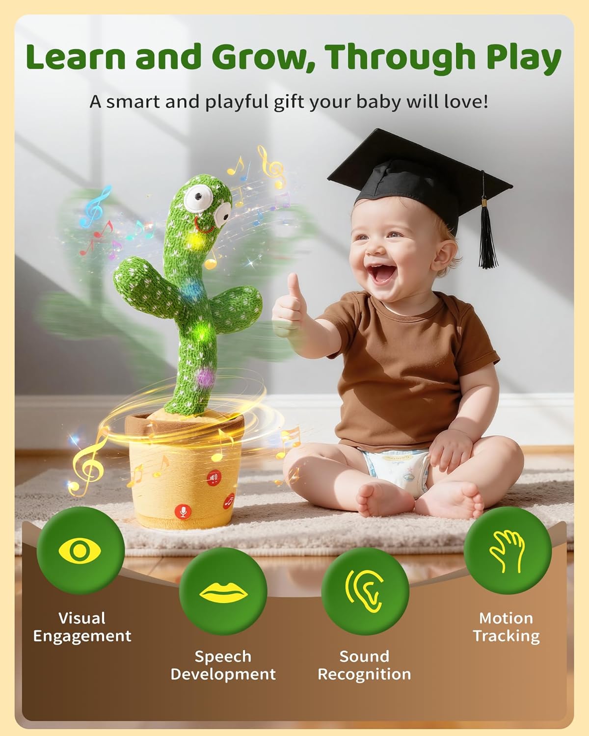Detalle de Dancing Talking Cactus Baby Toy: 120 English Songs, Voice Recording, and Interactive Dance for Toddlers
