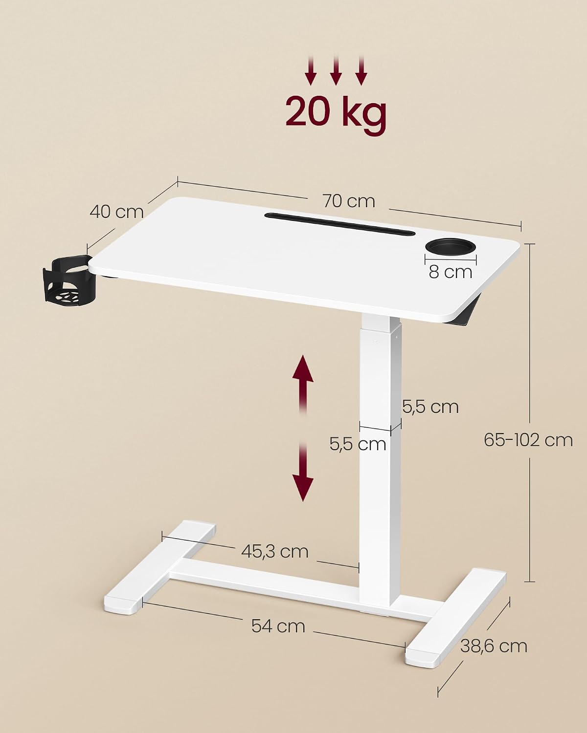 Detalle de VASAGLE Beistelltisch mit Rollen LSD600W01 – mobiler Stehtisch, 70 × 40 cm, höhenverstellbar