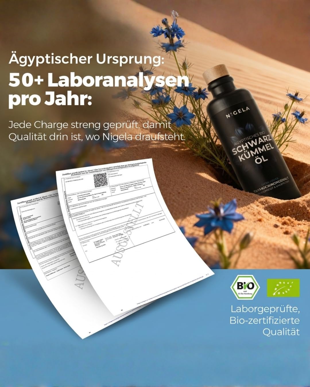 Detalle de Nigela BIO Schwarzkümmelöl ungefiltert (200 ml) – ägyptisches Schwarzkümmelöl mit hohem Thymochinongehalt