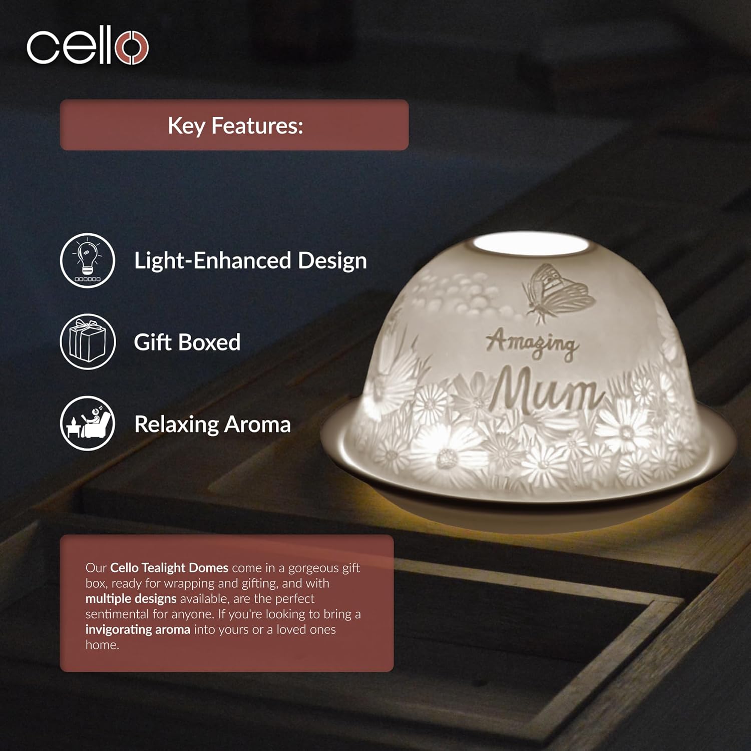 Thumbnail 5 de Cello Porcelain Tealight Holder Dome “Amazing Mum” with 3D projection