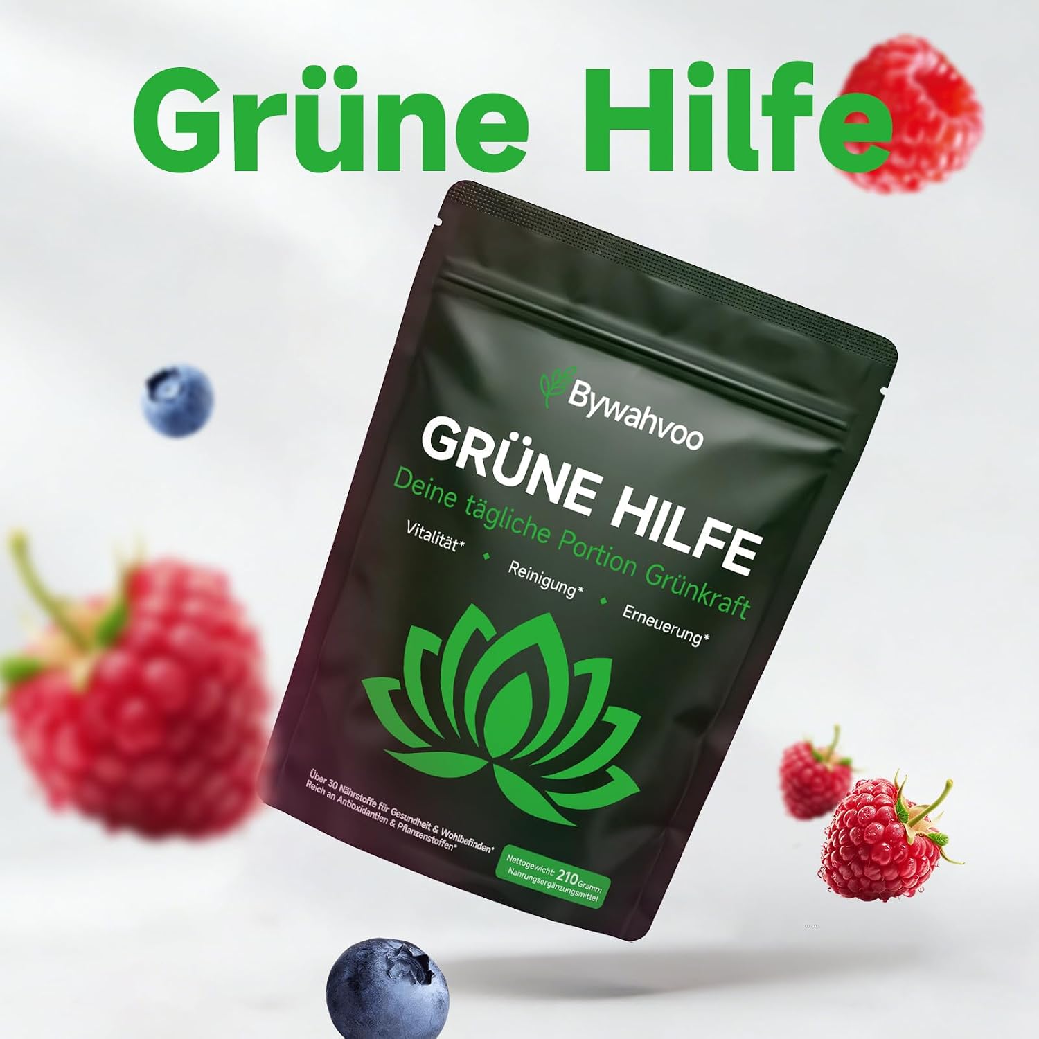Detalle de Grünes Superfood Pulver 210g – Vegan Greens Mix mit Matcha, Spirulina, Gerstengras & Heidelbeere