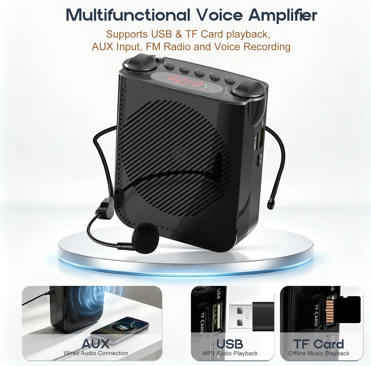 Detalle de dgtenk PA289 Voice Amplifier with Wired Headset, USB-C Charging and AUX Input