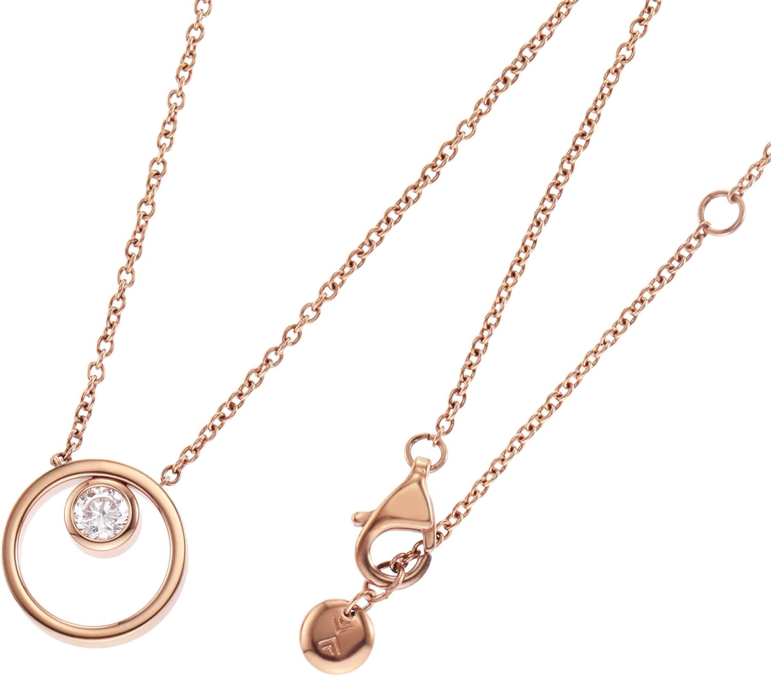 Detalle de Skagen Damen Halskette Edelstahl Roségold gebürstet mit Karabinerverschluss – Rondeller Anhänger 14,6 x 14,6 mm