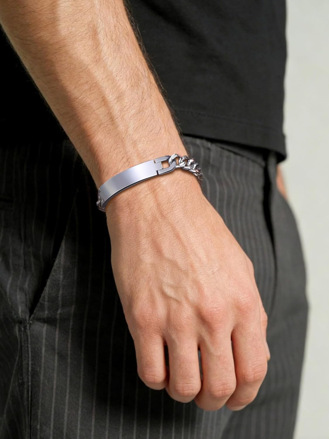 Thumbnail 4 de PROSTEEL Bracciale personalizzato in acciaio 316L con catena cubana e placca orizzontale Argento/Oro/Nero