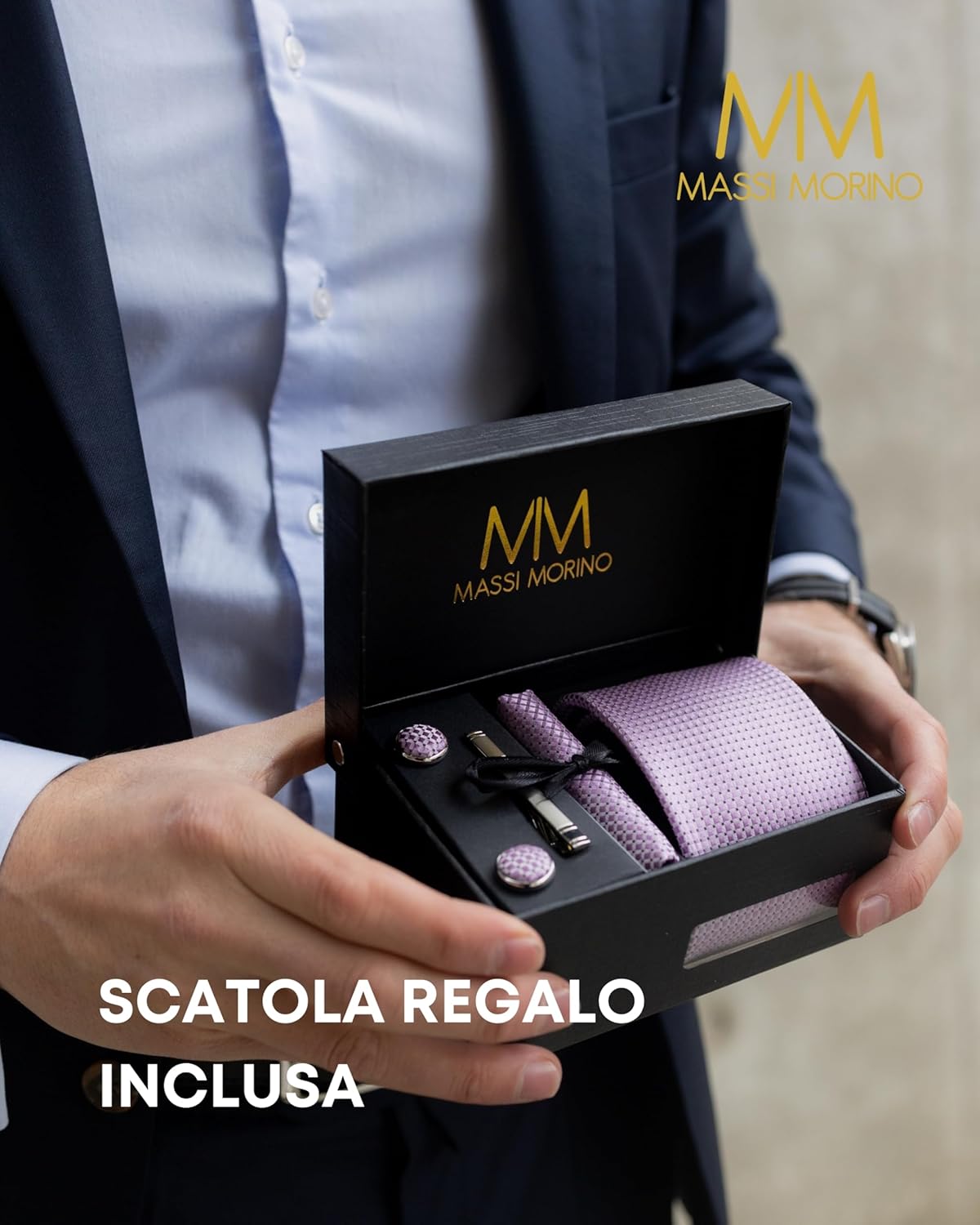 Thumbnail 4 de Massi Morino set cravatta e fazzoletto da uomo con gemelli e fermacravatta (parure regalo)