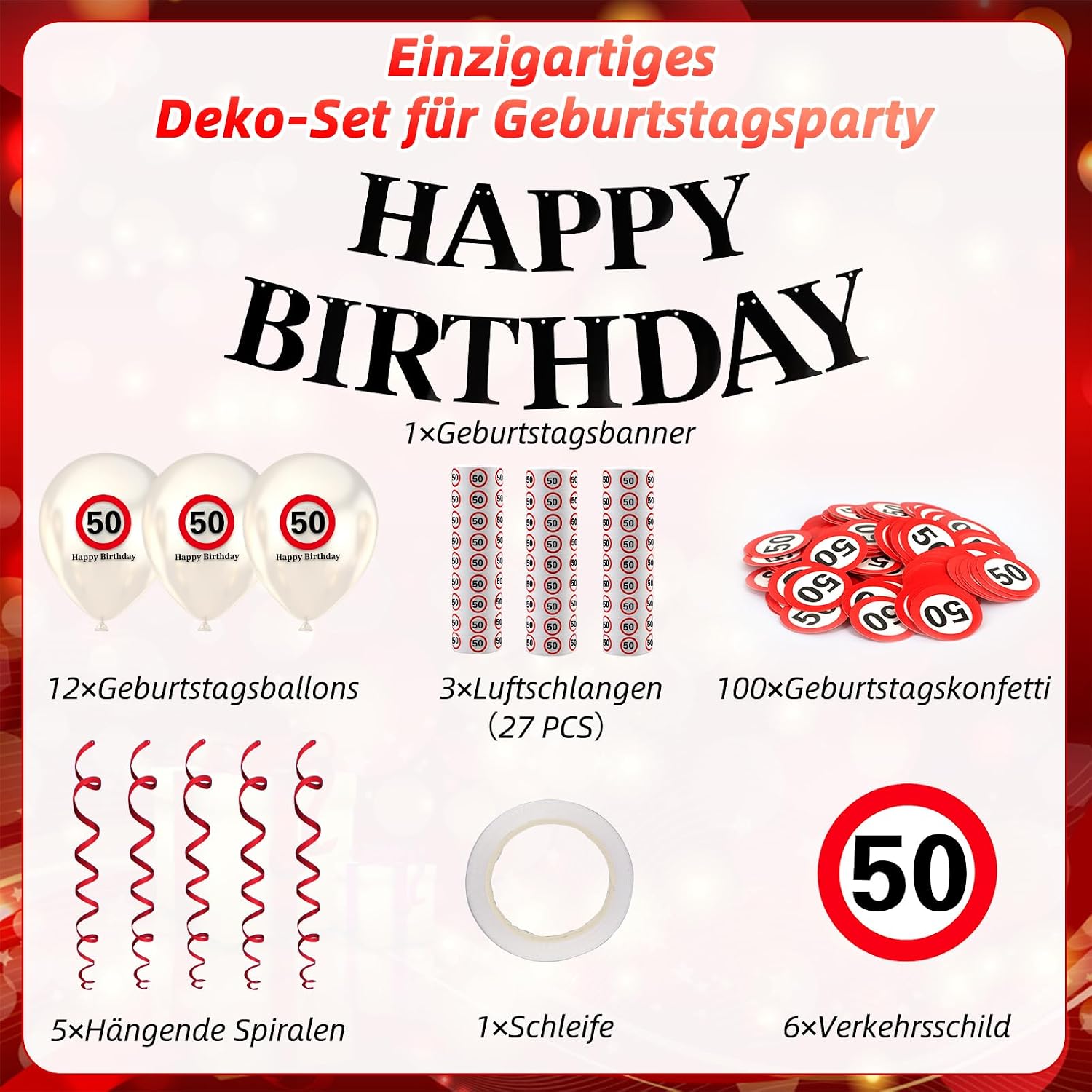 Thumbnail 1 de WenmthG Deko zum 50. Geburtstag mit Verkehrsschild-Design (Girlande, Luftballons, Luftschlangen, Konfetti)