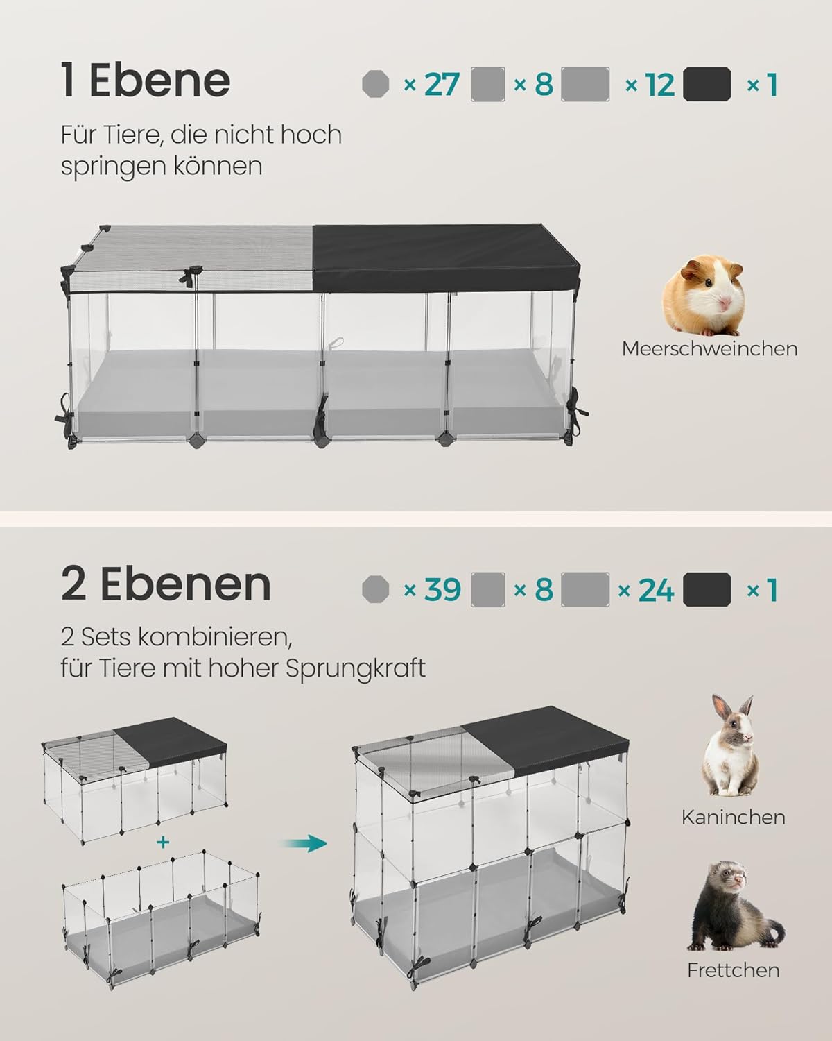 Detalle de SONGMICS Kleintiergehege LPC016W01 – halbtransparente Platten, atmungsaktiv, 144 × 74 × 57 cm