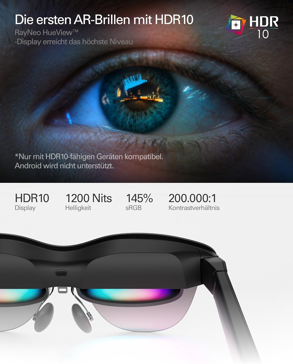 Detalle de RayNeo Air 4 Pro AR/XR-Brille mit HDR10-Display und Vision 4000 Chip – 201-Zoll-virtuelles Kino für 3D-Filme & Gaming