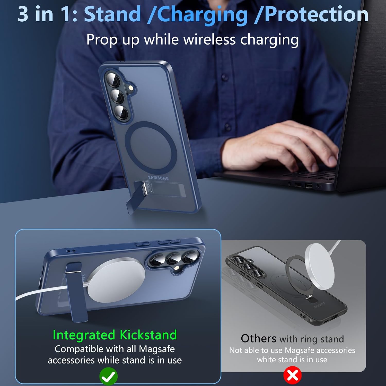Detalle de Hensinple Samsung S26 Case with Stand and Magnetic Tech – Translucent Matte Blue