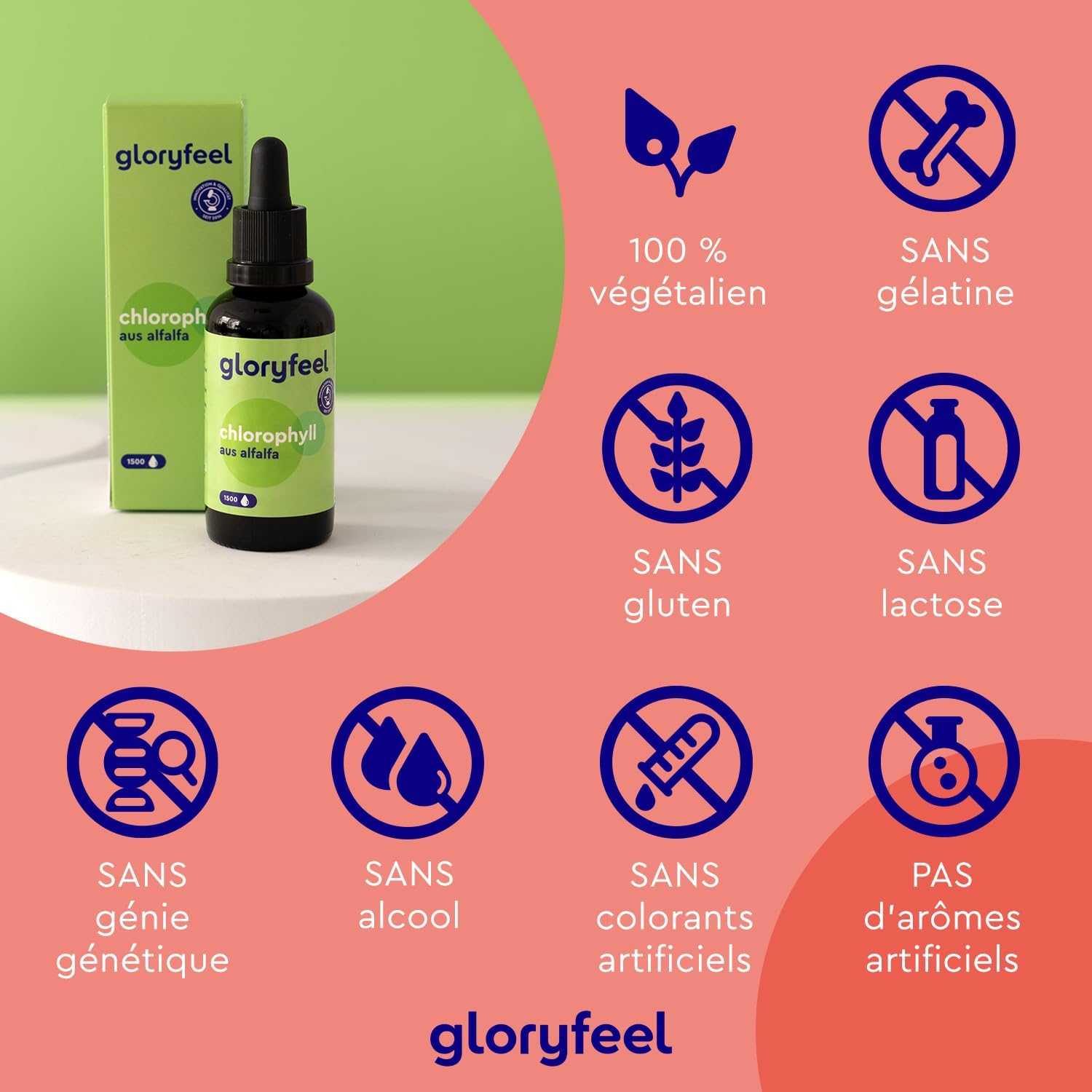 Detalle de Chlorophylle Liquide de Luzerne 50 ml (1500 gouttes) – 200 mg par dose, vegan et sans alcool