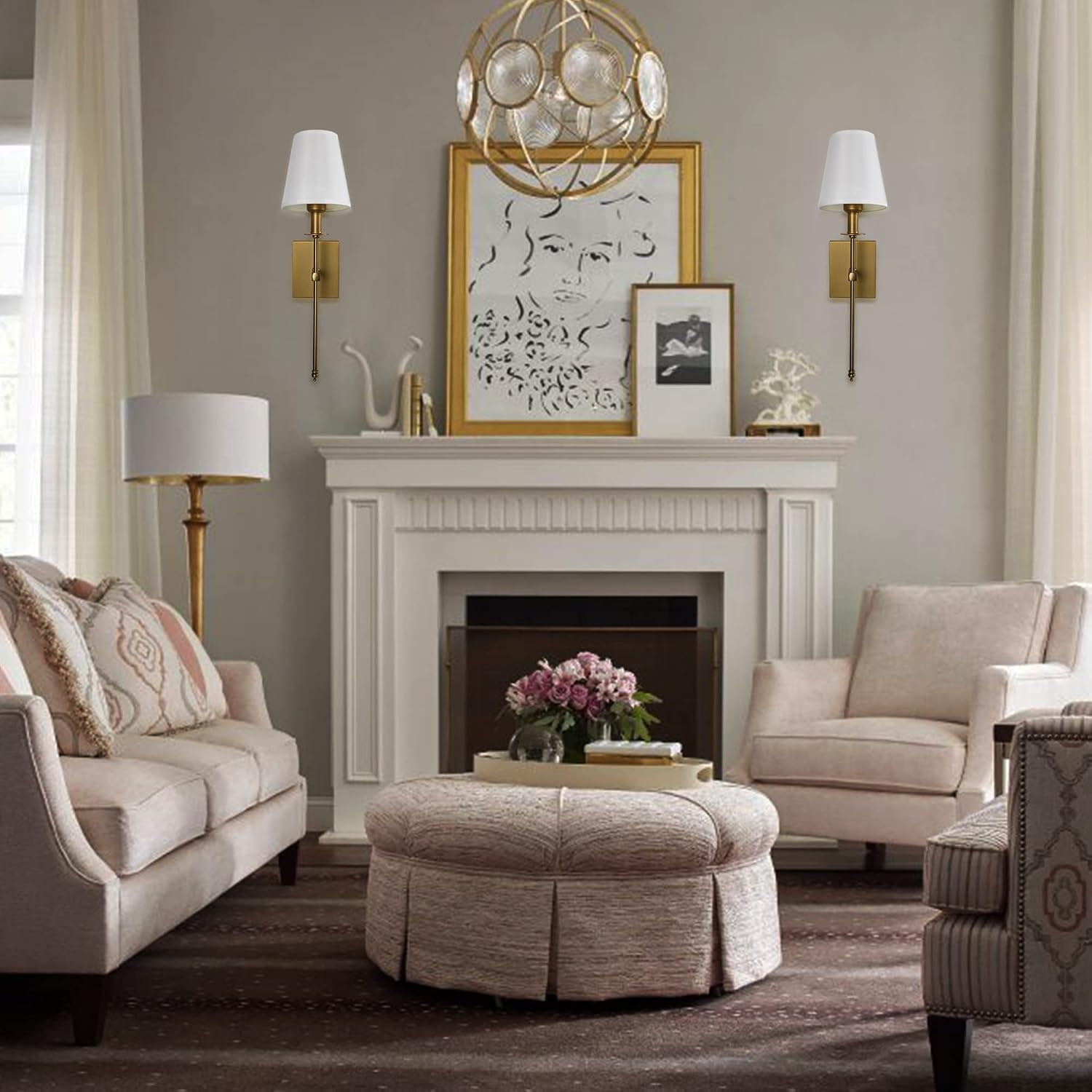 Detalle 2 de TERLEENART Modern Antique Brass Wall Sconces, Set of 2 with White Fabric Shades