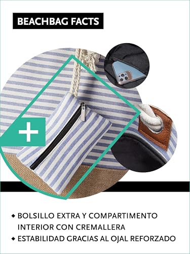 Detalle de DonDon Bolso de playa grande Rayas azul claro: espacioso, resistente y con bolsillo interior